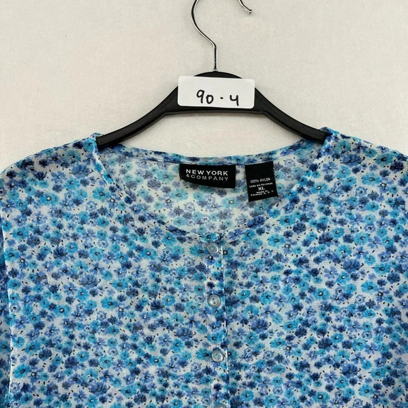 New York & Company Blouse Womens XL Blue Floral Button-Up Round Neck Long Sleeve - Picture 11 of 11